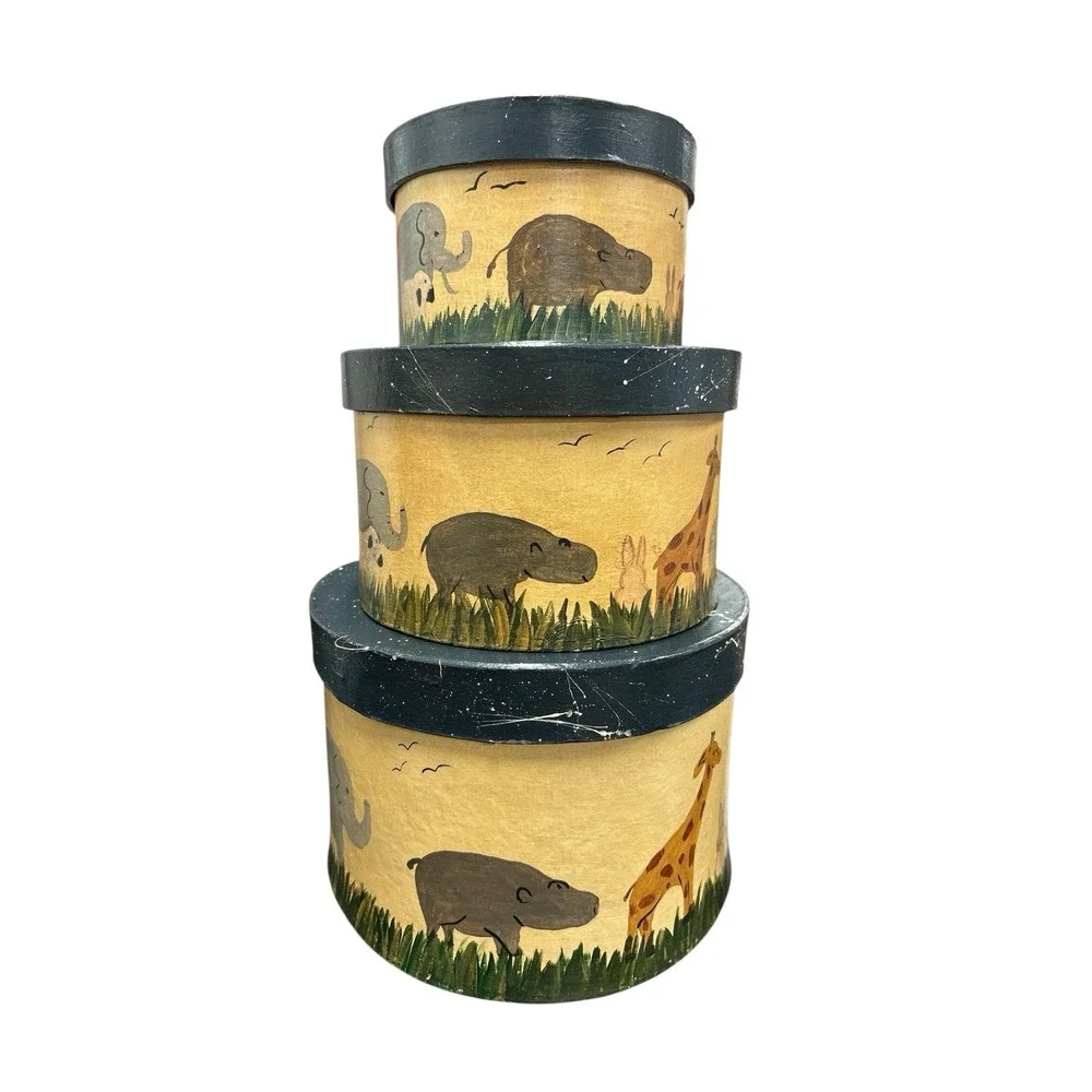 Vintage Hand-painted Nesting‎ Box 3 PC Set With Animals Nursery Farmhouse Decor